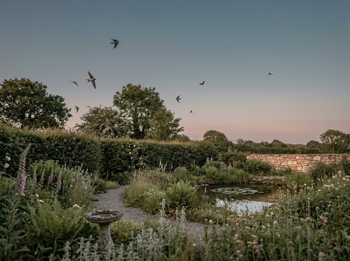 An Irish garden at dusk: swallows and a bat in flight over a pond and hedgerow, foxgloves in the foreground, a small delivery drone in the distance.