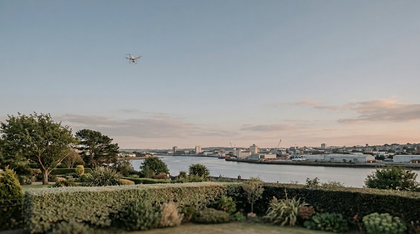 The view across the River Lee to Cork's docklands at dusk, with a delivery drone clearly visible in the sky overhead.