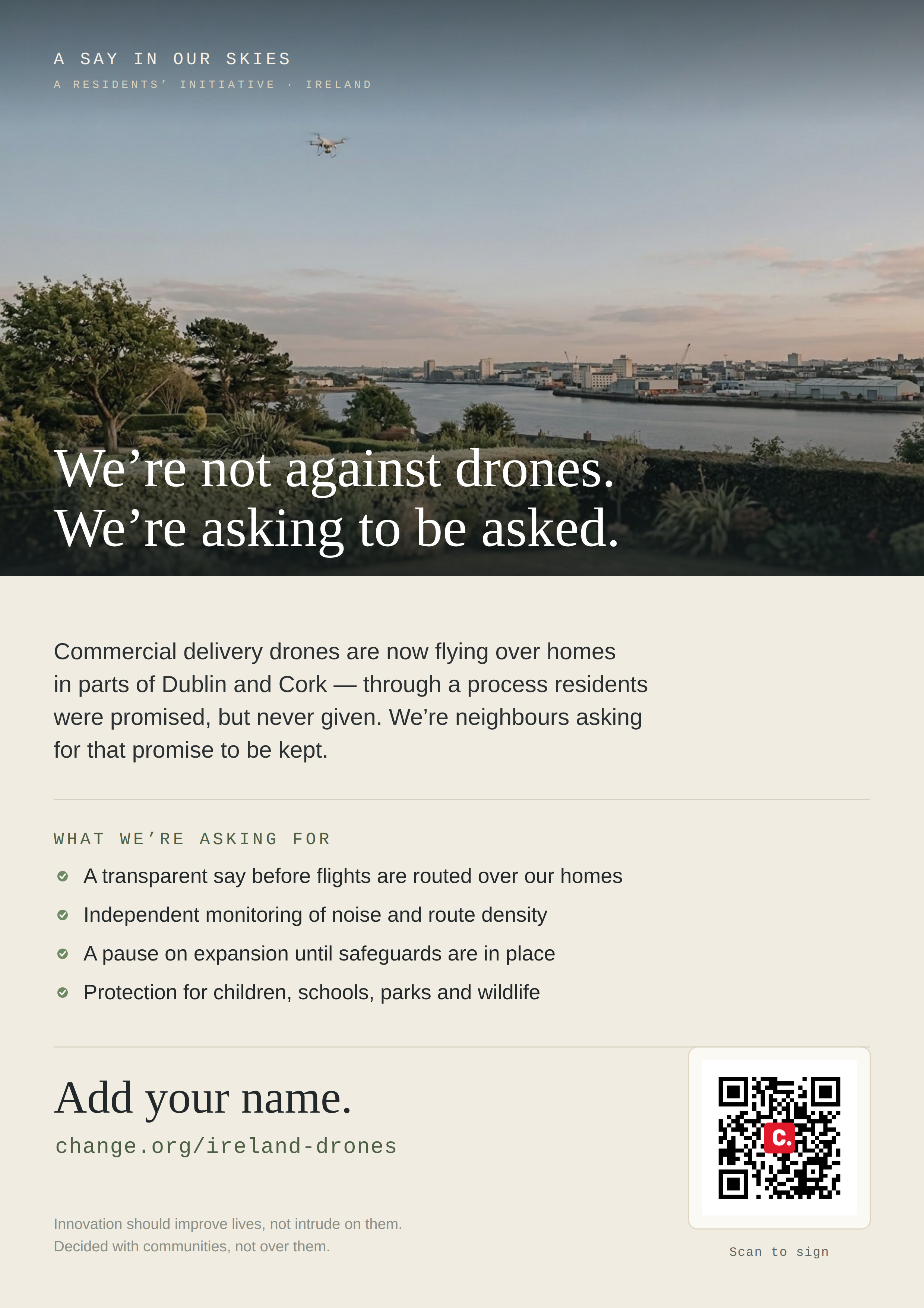 Photo poster — A Say in Our Skies: a delivery drone over the River Lee and a Cork garden, headed we're not against drones, we're asking to be asked